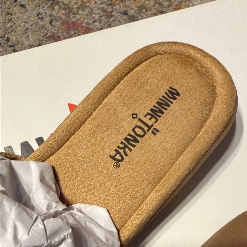 Minnetonka Tan Leather Crisscross Slide Sandals - Picture 4 of 8